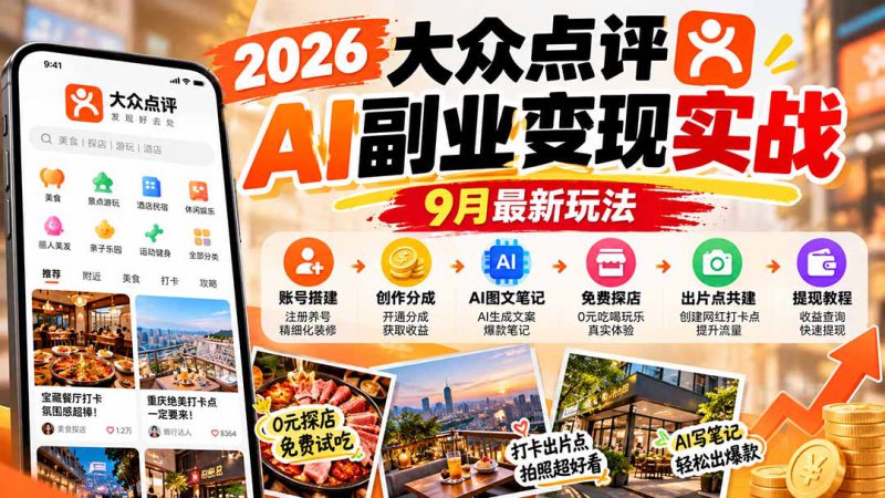 （20873期）2026大众点评AI副业变现实战9月最新玩法：账号搭建+创作分成+AI图文笔记+免费探店+出片点共建与提现教程_生财有道创业项目网-生财有道