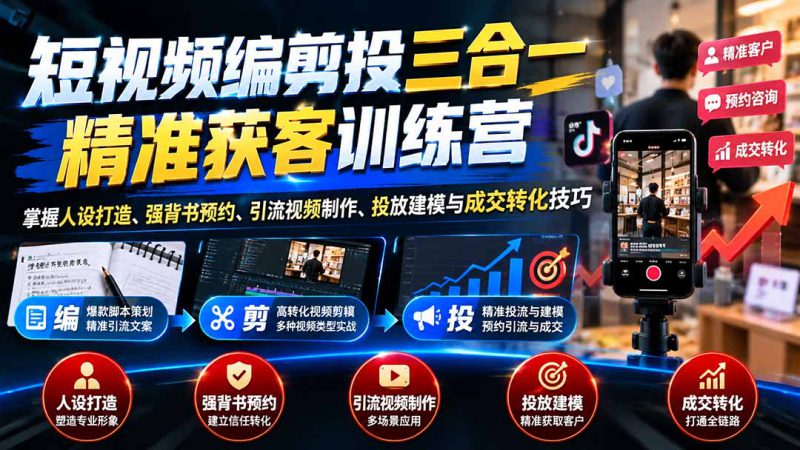 （20910期）短视频编剪投三合一精准获客训练营：掌握人设打造、强背书预约、引流视频制作、投放建模与成交转化技巧_生财有道创业项目网-生财有道