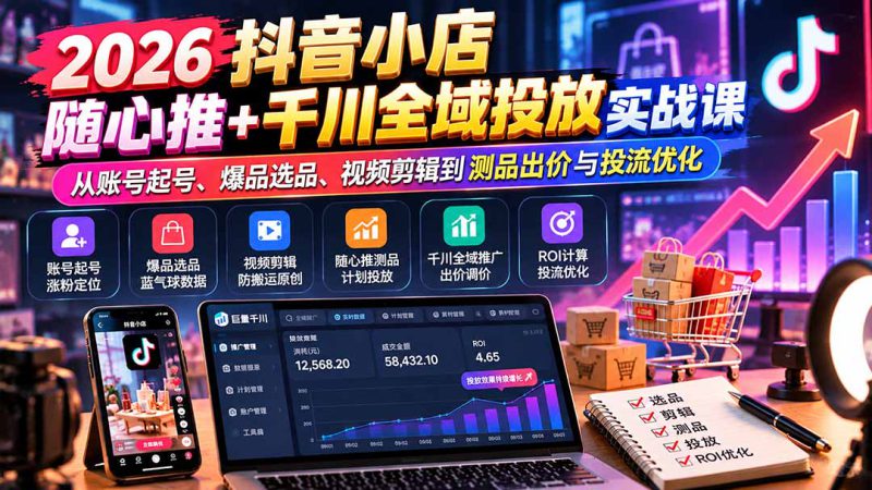（20998期）2026抖音小店随心推+千川全域投放实战课：从账号起号、爆品选品、视频剪辑到测品出价与投流优化_生财有道创业项目网-生财有道