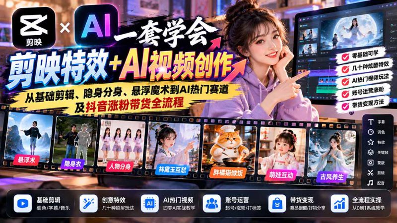 （20999期）一套学会剪映特效+AI视频创作：从基础剪辑、隐身分身、悬浮魔术到AI热门赛道及抖音涨粉带货全流程_生财有道创业项目网-生财有道