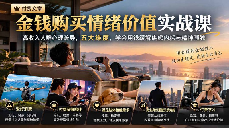 （20941期）付费文章：金钱购买情绪价值实战课｜高收入人群心理疏导，五大维度，学会用钱缓解焦虑内耗与精神孤独_生财有道创业项目网-生财有道
