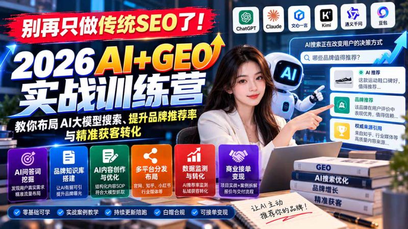 （21191期）别再只做传统SEO了！《2026AI+GEO实战训练营》教你布局AI大模型搜索、提升品牌推荐率与精准获客转化_生财有道创业项目网-生财有道