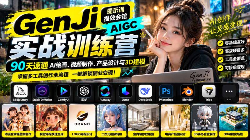 （21192期）GenJi AIGC实战训练营：90天速通AI绘画、视频制作、产品设计与3D建模，掌握多工具创作全流程_生财有道创业项目网-生财有道