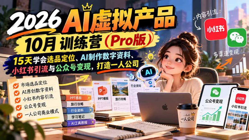 （21054期）2026AI虚拟产品10月训练营（Pro版）：15天学会选品定位、AI制作数字资料、小红书引流与公众号变现，打造一人公司_生财有道创业项目网-生财有道