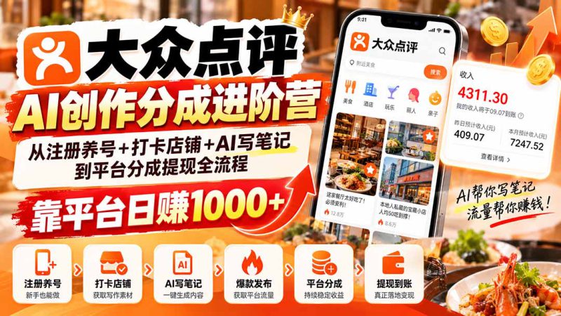 （20759期）大众点评AI创作分成进阶营：从注册养号+打卡店铺+AI写笔记到平台分成提现全流程，靠平台日赚1000+_生财有道创业项目网-生财有道