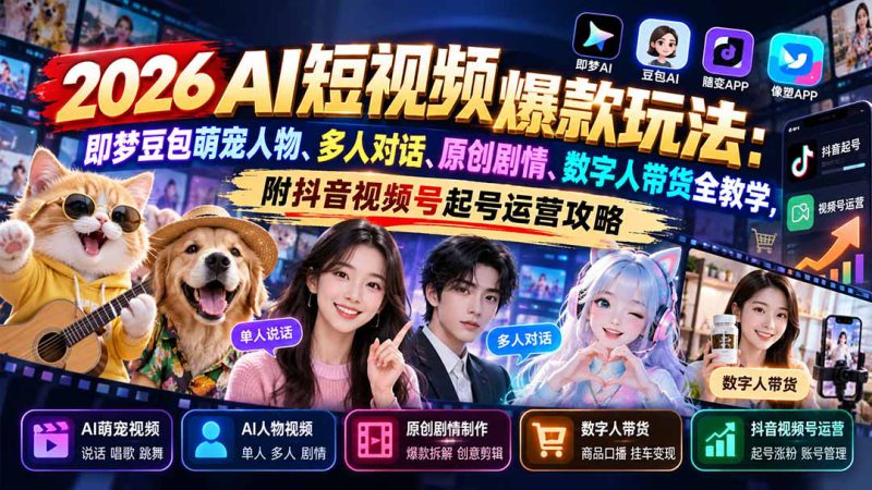 （21129期）2026AI短视频爆款玩法：即梦豆包萌宠人物、多人对话、原创剧情、数字人带货全教学，附抖音视频号起号运营攻略_生财有道创业项目网-生财有道