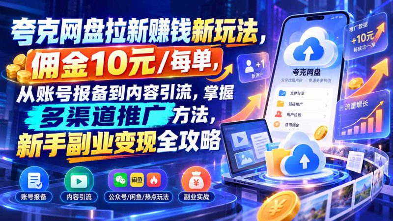 （21108期）夸克网盘拉新赚钱新玩法，佣金10元/每单，从账号报备到内容引流，掌握多渠道推广方法，新手副业变现全攻略_生财有道创业项目网-生财有道