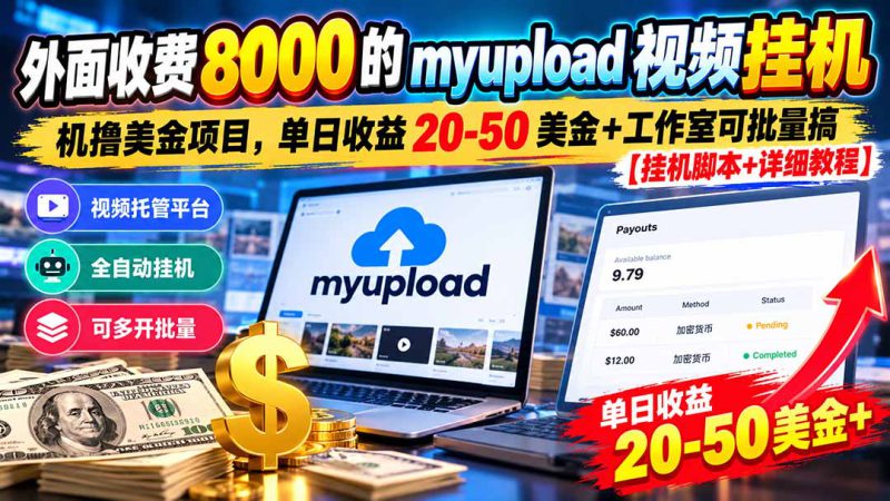 （20948期）外面收费8000的myupload视频挂机撸美金项目，单日收益20-50美金+工作室可批量搞【挂机脚本+详细教程】_生财有道创业项目网-生财有道